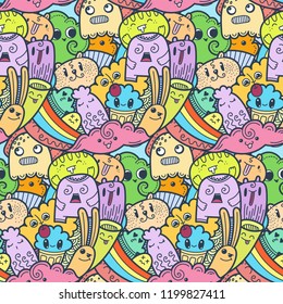 Funny doodle monsters seamless pattern for prints, designs and coloring books. Vector illustration