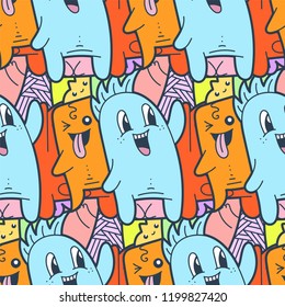 Funny doodle monsters seamless pattern for prints, designs and coloring books. Vector illustration