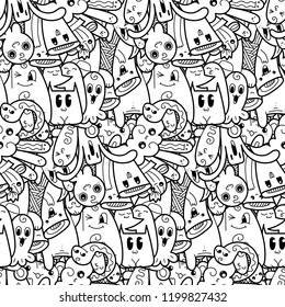 Funny doodle monsters seamless pattern for prints, designs and coloring books. Vector illustration