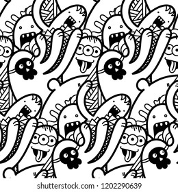 Funny doodle monsters seamless pattern for prints, designs and coloring books. Vector illustration