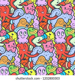 Funny doodle monsters seamless pattern for prints, designs and coloring books. Vector illustration