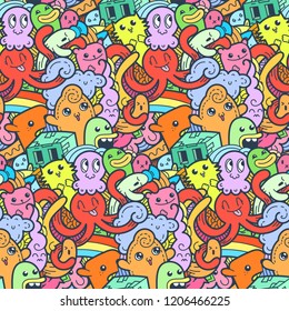 Funny doodle monsters seamless pattern for prints, designs and coloring books. Vector illustration
