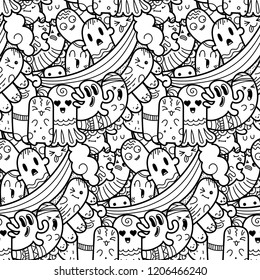 Funny doodle monsters seamless pattern for prints, designs and coloring books. Vector illustration