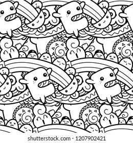 Funny doodle monsters seamless pattern for prints, designs and coloring books. Vector illustration