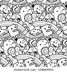 Funny doodle monsters seamless pattern for prints, designs and coloring books. Vector illustration