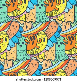 Funny doodle monsters seamless pattern for prints, designs and coloring books. Vector illustration