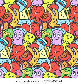 Funny doodle monsters seamless pattern for prints, designs and coloring books. Vector illustration