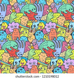 Funny doodle monsters seamless pattern for prints, designs and coloring books. Vector illustration