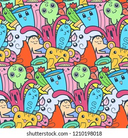 Funny doodle monsters seamless pattern for prints, designs and coloring books. Vector illustration
