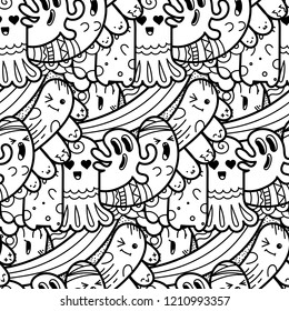 Funny doodle monsters seamless pattern for prints, designs and coloring books. Vector illustration