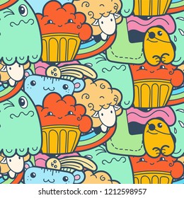 Funny doodle monsters seamless pattern for prints, designs and coloring books. Vector illustration