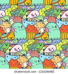 Funny doodle monsters seamless pattern for prints, designs and coloring books. Vector illustration