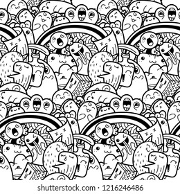 Funny doodle monsters seamless pattern for prints, designs and coloring books. Vector illustration