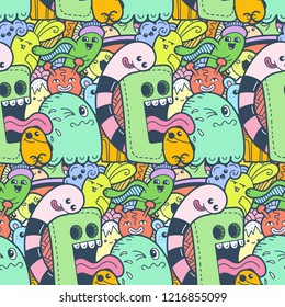 Funny doodle monsters seamless pattern for prints, designs and coloring books. Vector illustration