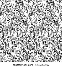 Funny doodle monsters seamless pattern for prints, designs and coloring books. Vector illustration