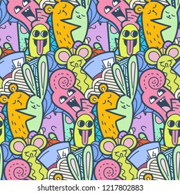 Funny doodle monsters seamless pattern for prints, designs and coloring books. Vector illustration