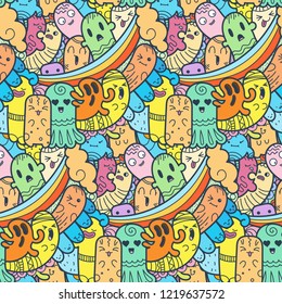 Funny doodle monsters seamless pattern for prints, designs and coloring books. Vector illustration