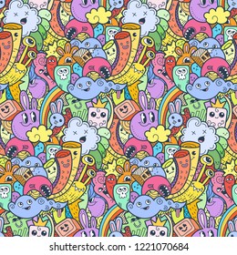 Funny doodle monsters seamless pattern for prints, designs and coloring books. Vector illustration