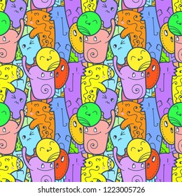 Funny doodle monsters seamless pattern for prints, designs and coloring books. Vector illustration