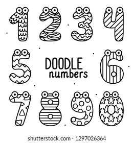 Funny doodle numbers with patterns, set, children's coloring, vector, illustration.