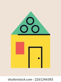 Funny doodle object. Abstract hand drawn sticker with house, building or apartment from geometric shapes. Design element for children postcards. Cartoon flat vector illustration on beige background