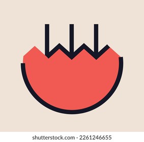 Funny doodle object. Abstract sticker with red geometric shape. Broken semicircle with sharp edges. Design element for children postcards. Cartoon flat vector illustration on beige background