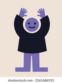 Divertido objeto de garabato. Pegatina abstracta con una criatura sonriente levantando las manos. Carácter positivo. Elemento de diseño para redes sociales. Dibujo vectorial plano de dibujos animados sobre fondo beige
