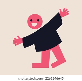 Funny doodle object. Hand drawn sticker with pink fancy character. Creature opens arms and prepares to embrace. Design element for social networks. Cartoon flat vector illustration on beige background