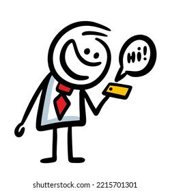 Funny doodle office worker talking  via smart phone. Vector comics illustration of man in costume and red tie.