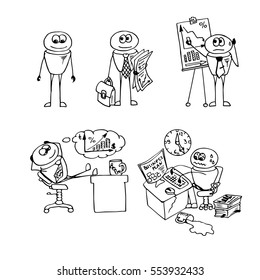 Funny doodle office workers. Business Plan. Deadline. Office Manager. Businessman. Success and Achievement. Graphs and Charts. Vector business monochrome set on a white background