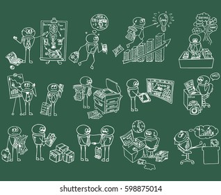 Funny doodle office workers. Business Plan. Deadline. Businessman. Success and Achievement. Graphs and Charts. Office Manager. Vector business monochrome set. Green wallpaper. Vector illustration.