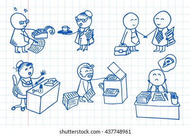 Funny doodle office workers icons on graph paper. Vector office set.