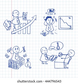 Funny doodle office workers icons. Vector business set on graph paper.