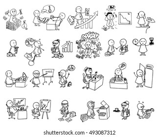 Funny doodle office workers icons on white background. Big vector office set. Business illustration.