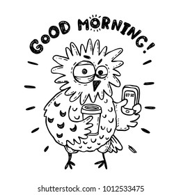 Funny doodle owl with coffee, not so good morning illustration