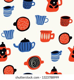 Funny doodle pattern with cups and teapots in scandinavian style. Vector seamless design