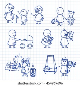 Funny doodle people icons. Family big vector set on graph paper.