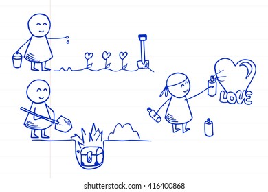 Funny doodle people icons. Vector set on striped paper.
