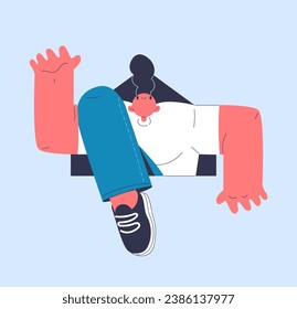 Funny doodle person peeks out. Man go out from geometric figure. Abstract creativity and art. Poster or banner for website. Cartoon flat vector illustration isolated on blue background