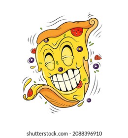 Funny doodle pizza character laughing. Vector hand drawn crazy triangle piece of pizza with cheese, sausage and olives slices. Sketch of pepperoni isolated on white background