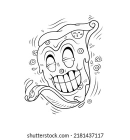 Funny doodle pizza character laughing. Vector hand drawn crazy triangle piece of pizza with cheese, sausage and olives slices. Sketch of pepperoni isolated on white background