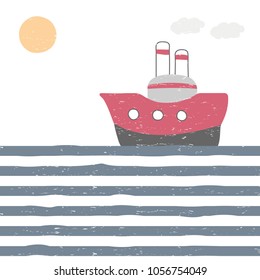 Funny doodle poster with ship. Vector hand drawn illustration.