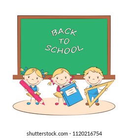 Funny doodle pupils in class at blackboard. Happy cartoon kids with different school supplies. Education and school concept. Vector illustration