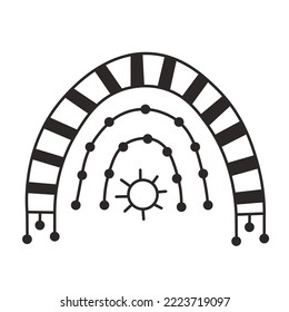 Funny doodle rainbow scarf shape. Hand drawn black and white Scandinavian rainbow. Boho winter autumn fall rainbow with sun, stripes, dots. Isolated vector illustration