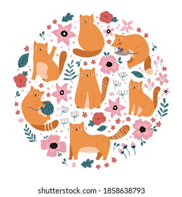 Funny doodle red cats with flowers in circle shape. Ideal for print, sticker or fabric design. Hand drawn doodle kittens.