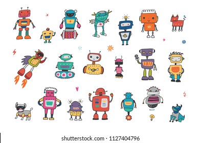 funny doodle robots vector illustrations set