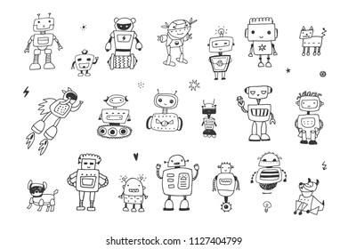 funny doodle robots vector illustrations set