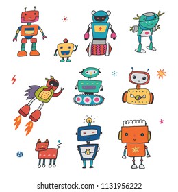 funny doodle robots vector illustrations set