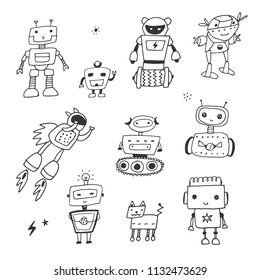 funny doodle robots vector illustrations set