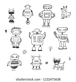 funny doodle robots vector illustrations set